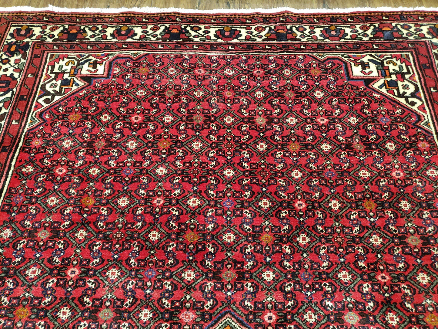 Vintage Persian Hamedan Rug 7x10 Hand Knotted Wool Mahi Pattern Red