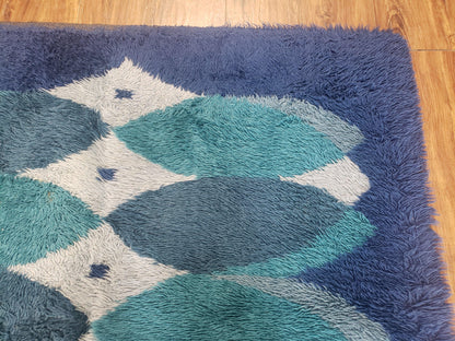 Blue Rya Rug Mid Century Danish Shag Wool Abstract Modern Rug 4 Foot 6 Inch By 6 Foot 7 Inch