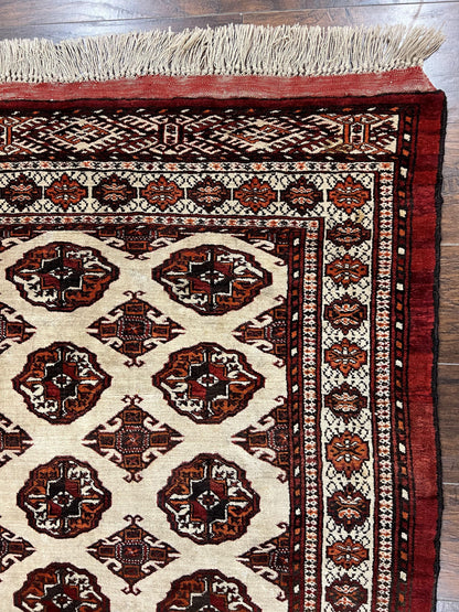 Persian Turkoman Rug Yamud 7x8 Hand Knotted Cream Red Bohemian Tribal Carpet