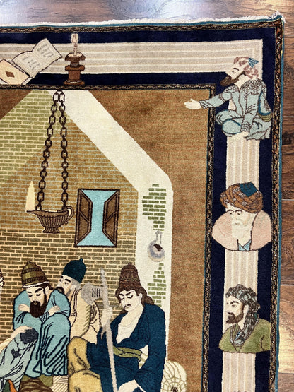 Persian Tabriz Pictorial Rug 3x5 Hand Knotted Wool Wall Hanging Vintage Semi Antique