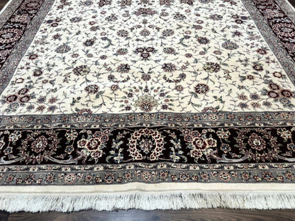 Sino Persian Rug 9x12 Hand Knotted Wool Silk Highlights Floral Allover Ivory And Dark Maroon