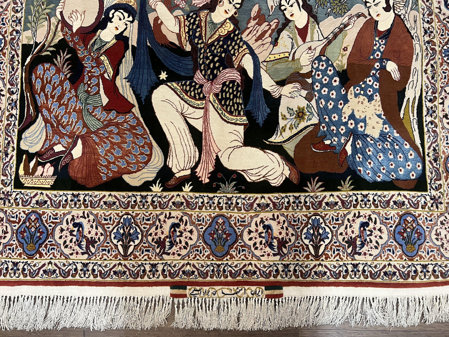 Persian Pictorial Rug Five By Four Feet Isfahan Kork Wool On Silk Foundation Master Weaver Signature Birds And Drums