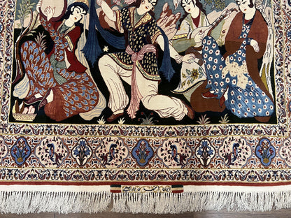 Persian Pictorial Rug Five By Four Feet Isfahan Kork Wool On Silk Foundation Master Weaver Signature Birds And Drums
