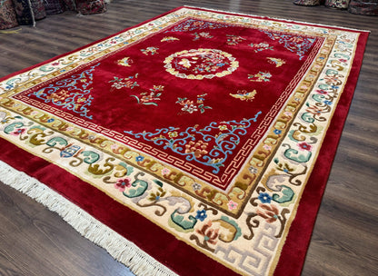 Indo Chinese Wool Rug 9x12 Vintage Red Art Deco Hand Knotted