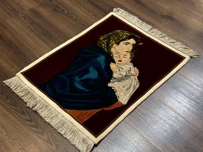 Persian Tabriz Pictorial Rug 2x2 Mother Holding Child Very Fine 340 KPSI Maroon