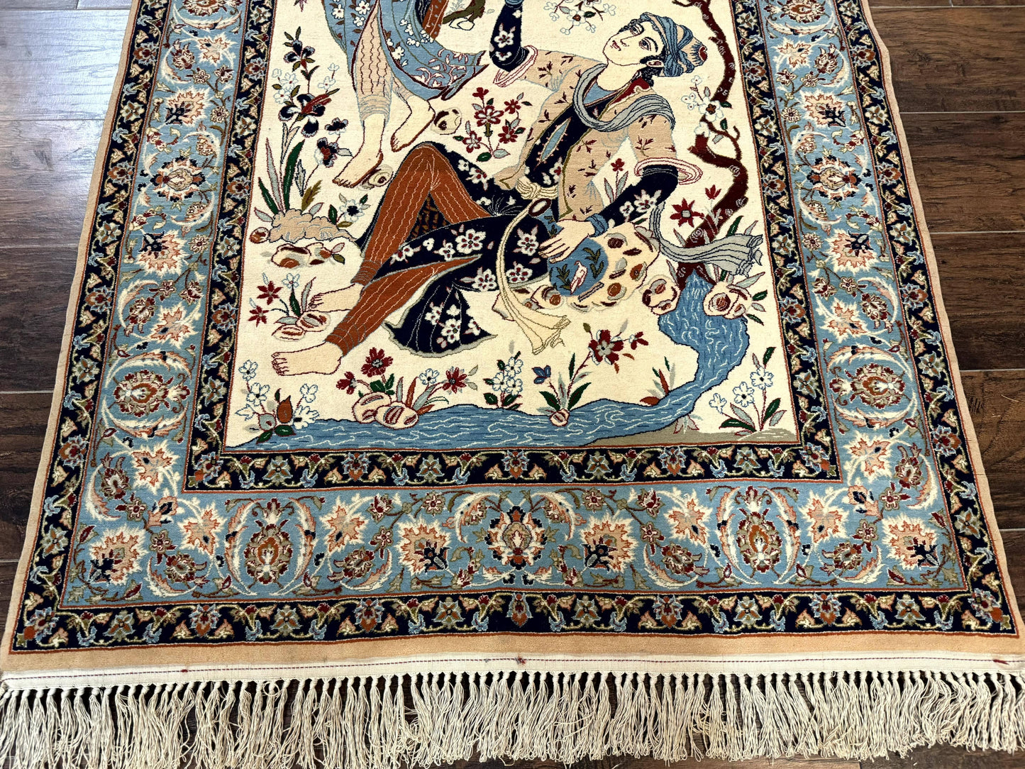 Persian Isfahan Pictorial Rug Two Lovers Kork Wool On Silk Foundation Ivory And Light Blue 500 KPSI Super Fine