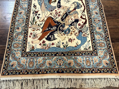 Persian Isfahan Pictorial Rug Two Lovers Kork Wool On Silk Foundation Ivory And Light Blue 500 KPSI Super Fine