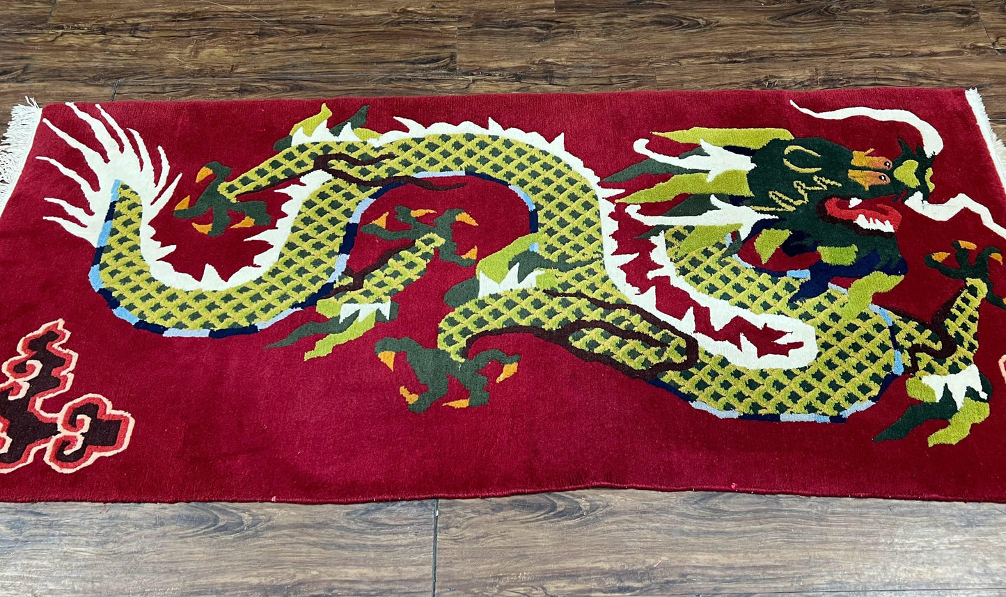 Vintage Chinese Dragon Rug 3x6.8 Handmade Hand Knotted Red Gold Dragon Art Deco Runner