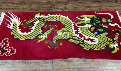 Vintage Chinese Dragon Rug 3x6.8 Handmade Hand Knotted Red Gold Dragon Art Deco Runner