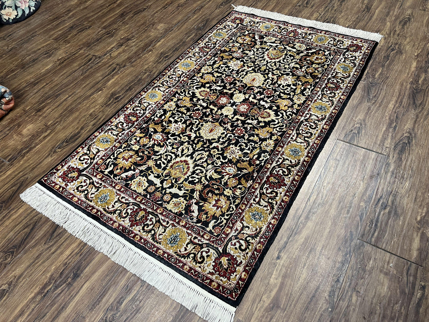 Sino Persian Silk Rug 3x5 Vintage Hand Knotted Carpet Black Ivory Gold With Floral And Animal Motifs