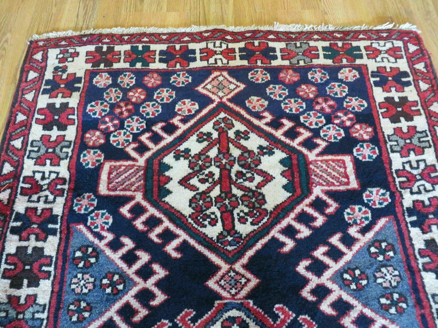 Persian Runner Rug 3.5 x 10.7 Navy Blue Karajeh Heriz Wool Geometric Medallions