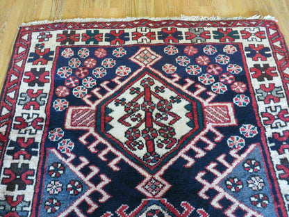 Persian Runner Rug 3.5 x 10.7 Navy Blue Karajeh Heriz Wool Geometric Medallions