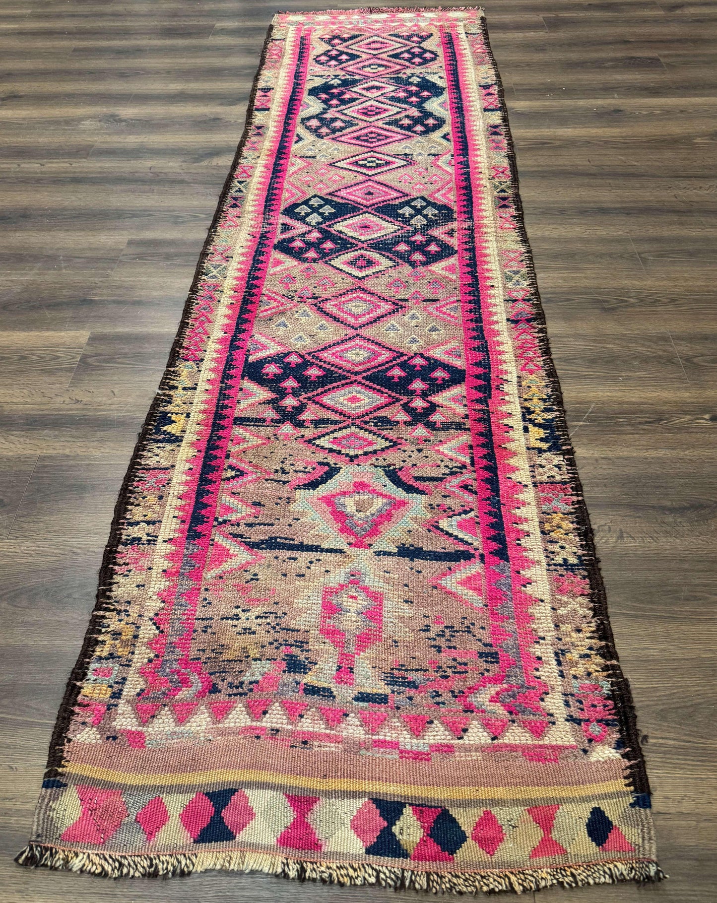 Turkish Runner Rug 3x10 Pink And Navy Blue Bohemian Hallway Kitchen Vintage Geometric Tribal