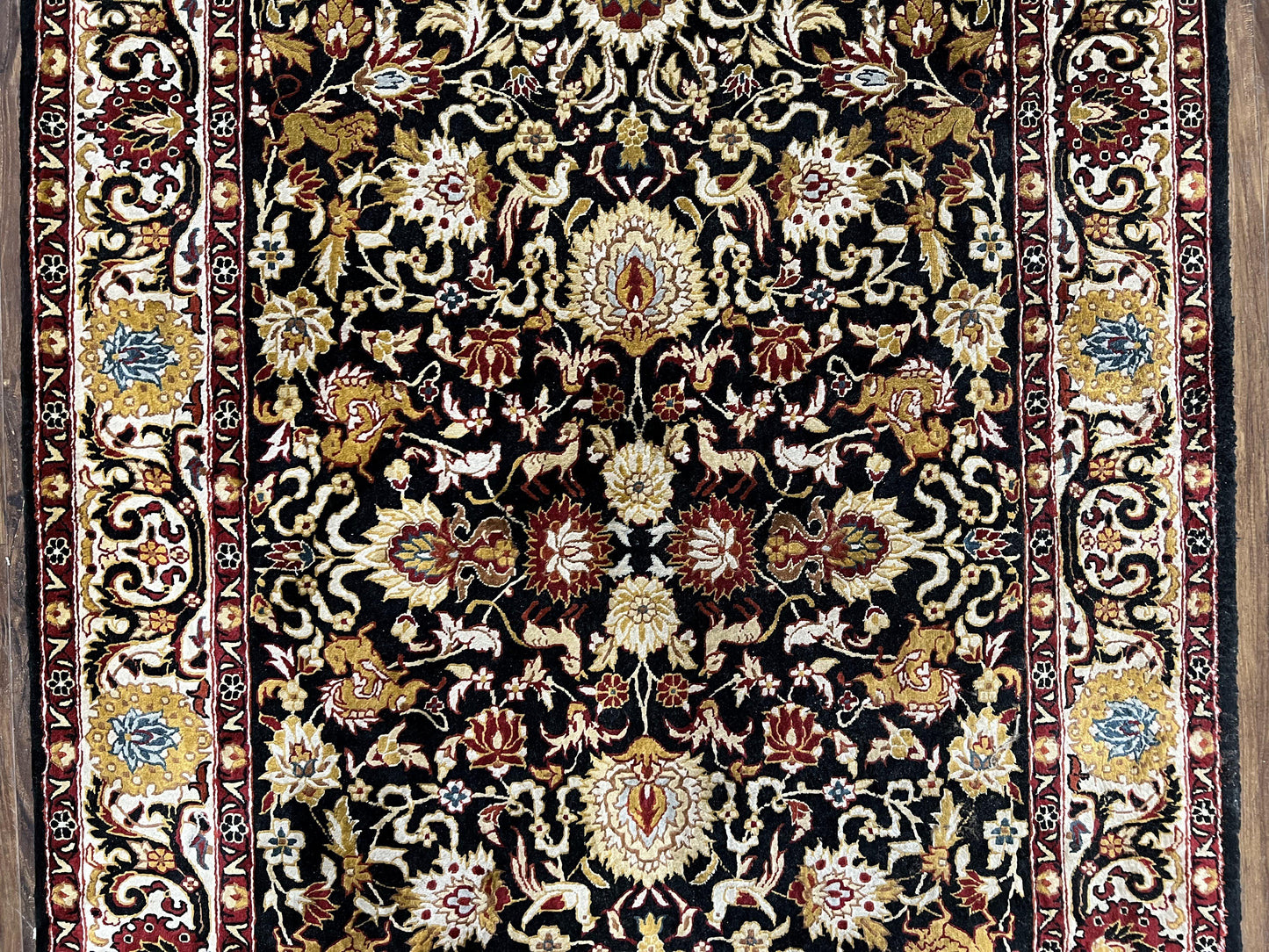 Sino Persian Silk Rug 3x5 Vintage Hand Knotted Carpet Black Ivory Gold With Floral And Animal Motifs