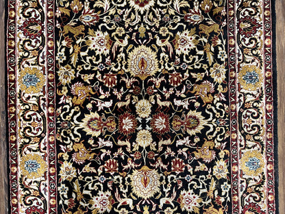 Sino Persian Silk Rug 3x5 Vintage Hand Knotted Carpet Black Ivory Gold With Floral And Animal Motifs