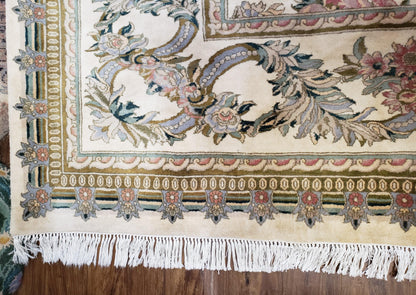 Pak Persian Floral Rug Hand Knotted Wool 11 x 12.6 Ivory Vintage