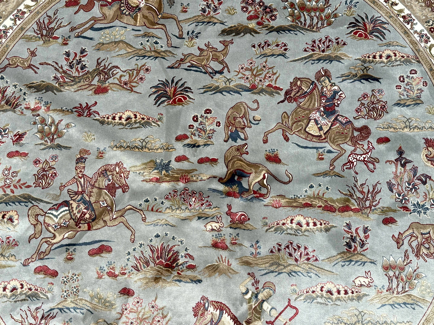 Round Silk Rug 6x6 Bamboo Silk Hunting Design With Animal Pictorials