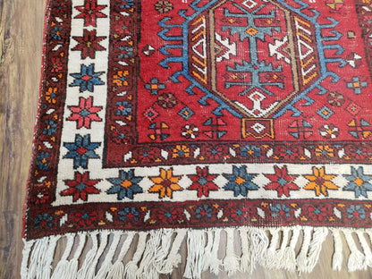 Antique Persian Heriz Karajeh Runner Rug Hand Knotted Wool Red 3 Ft 3 In By 10 Ft 11 In