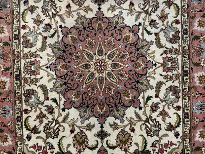 Fine Persian Tabriz Rug 3x5 Hand Knotted Wool Floral Medallion Ivory Salmon 340 KPSI