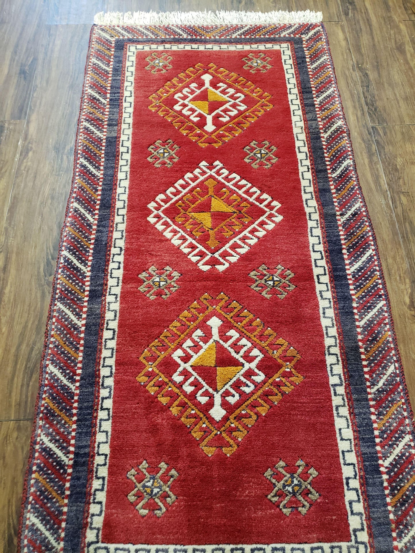 Vintage Turkish Kazak Rug 2.5 by 5 Red Wool Runner With Medallions Geometric Pattern
