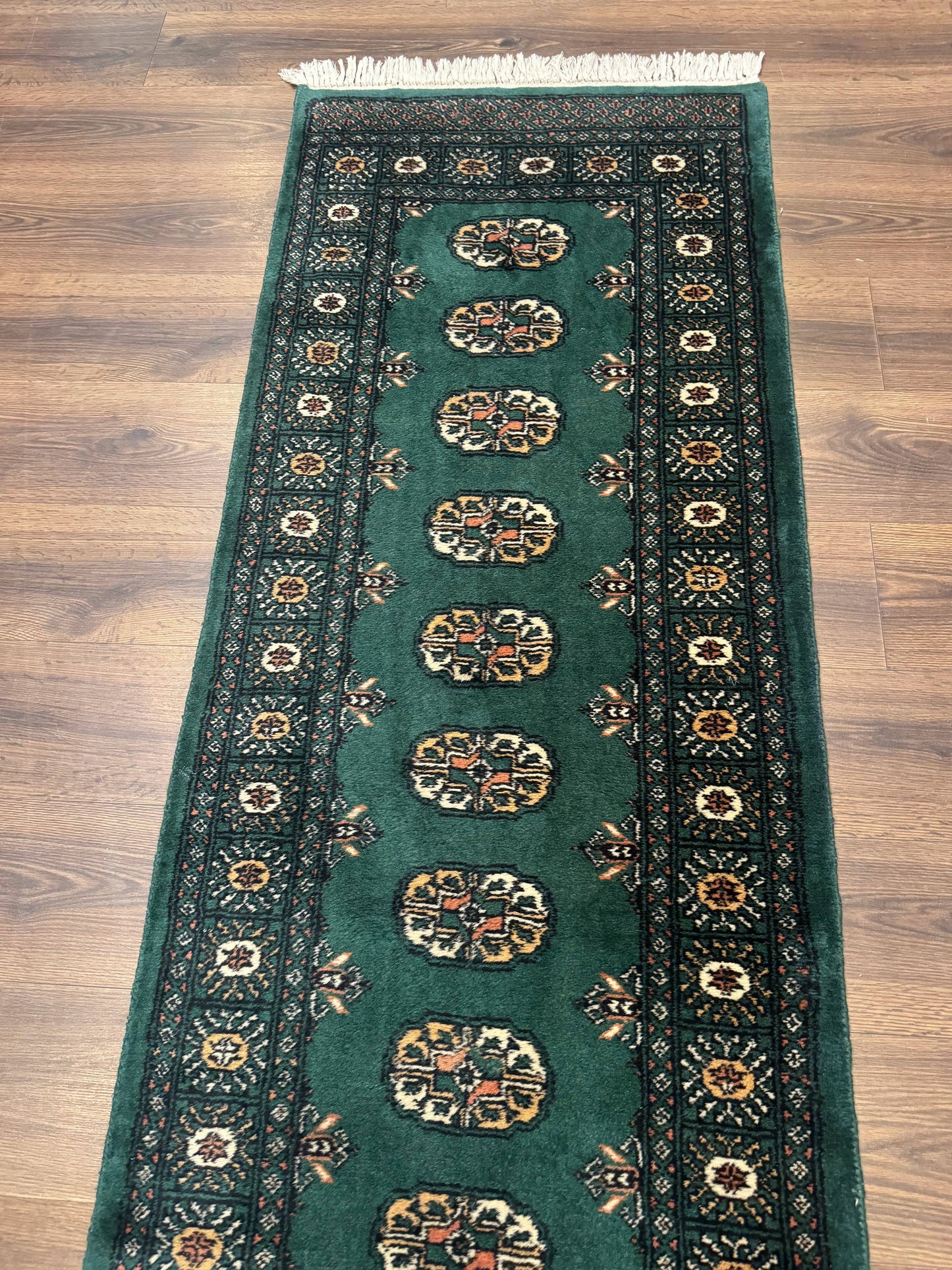 Pakistani Bokhara Runner Rug 2.5x11 Green Wool Hand Knotted Hallway Rug