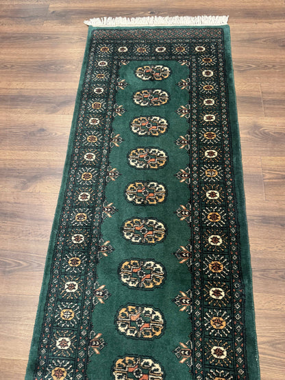 Pakistani Bokhara Runner Rug 2.5x11 Green Wool Hand Knotted Hallway Rug