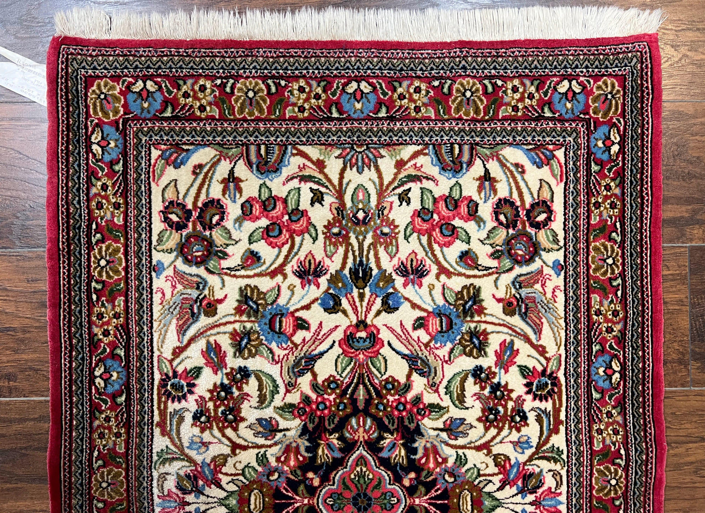 Persian Qum Runner Rug 2.8 x 10 Feet Hand Knotted Wool Floral Medallions With Birds