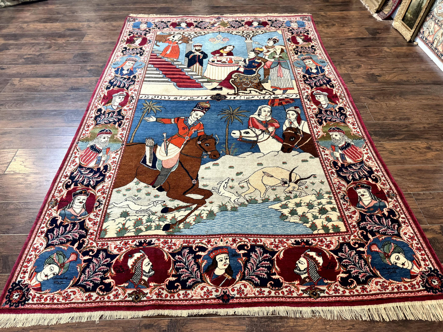 Persian Kashan Pictorial Rug 6x9 Hand Knotted Wool Wall Hanging King Bahram Hunting Scene Antique