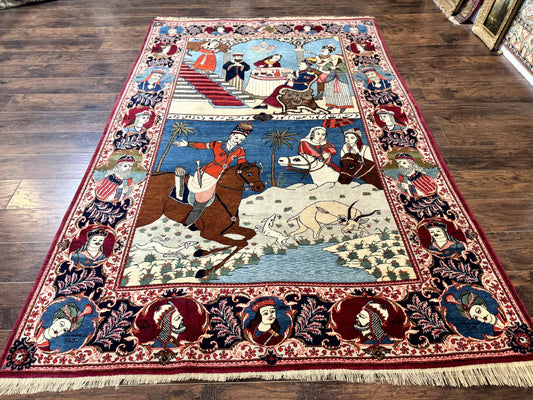 Persian Kashan Pictorial Rug 6x9 Hand Knotted Wool Wall Hanging King Bahram Hunting Scene Antique