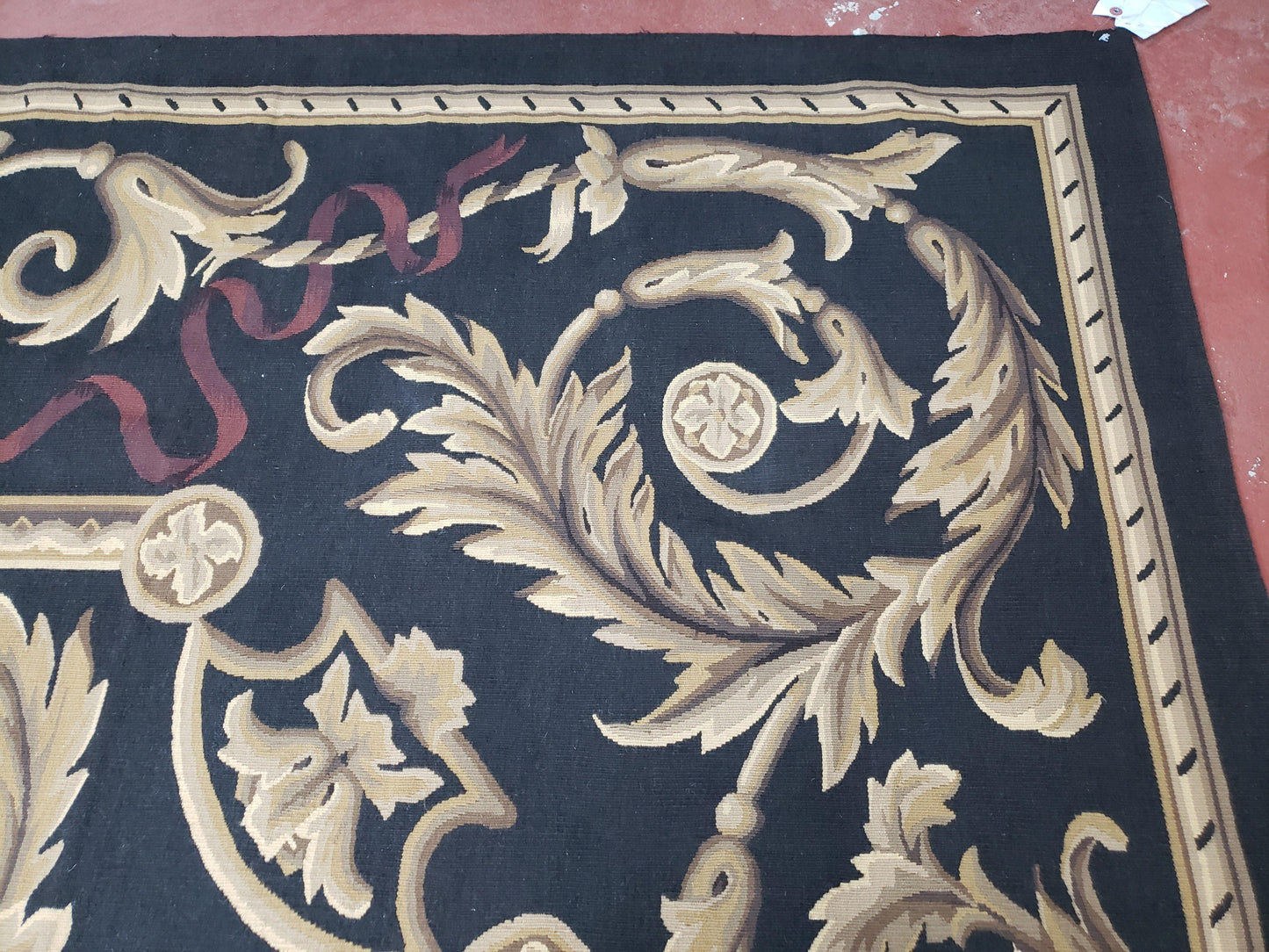 Black And Tan Aubusson Rug 10x14 Handmade Wool Flatweave Decor