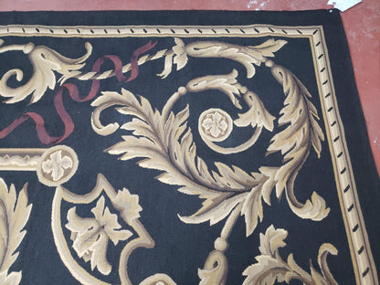 Black And Tan Aubusson Rug 10x14 Handmade Wool Flatweave Decor