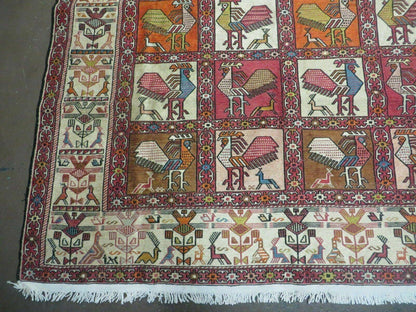 Vintage Russian Kilim Rug Handmade Flat Weave Soumak Silk Wool 4x6 Roosters Birds