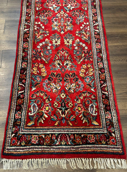 Persian Sarouk Runner Rug 3x12 Vintage Wool Red Floral Design
