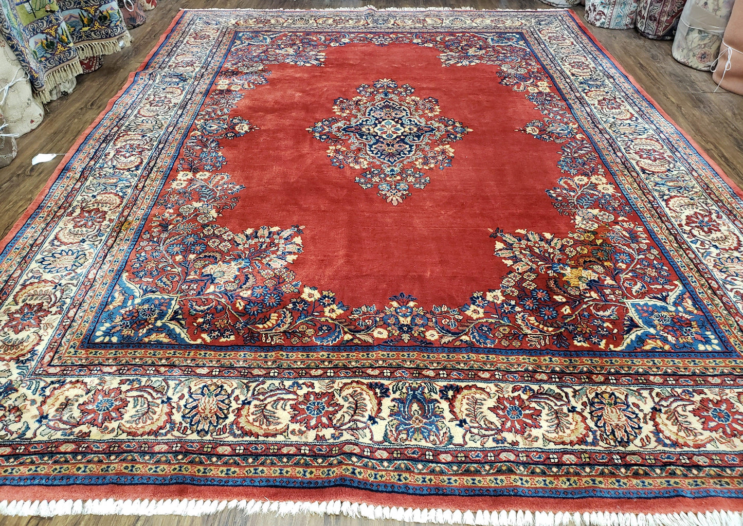 Semi Antique Persian Sarouk Rug 9x12 Hand Knotted Wool With Central Medallion Tomato Red