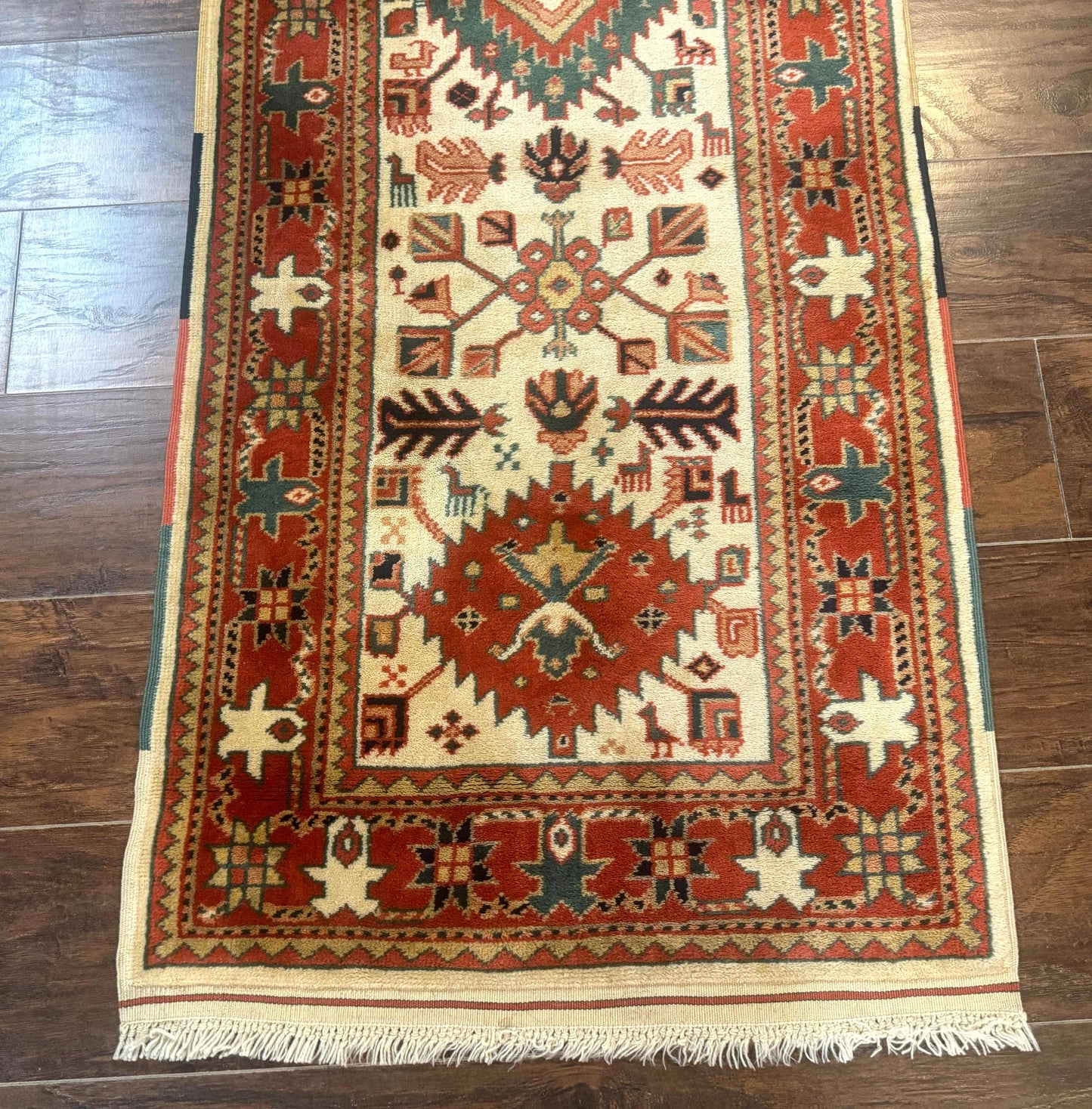 Turkish Runner Rug 2.4 By 8 Feet Kazak Geometric Heriz Pattern Beige And Red Hand Knotted Wool