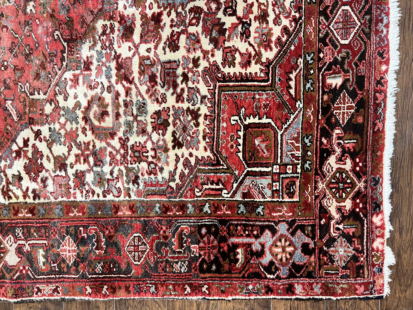 Persian Heriz Rug 10x13 Handmade Wool Hand Knotted Red Cream Geometric Tribal Semi Antique Carpet