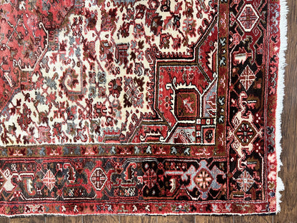 Persian Heriz Rug 10x13 Handmade Wool Hand Knotted Red Cream Geometric Tribal Semi Antique Carpet