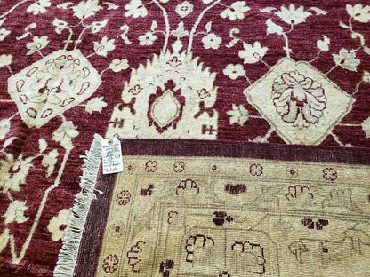 Peshawar Rug Pakistani Handmade Floral Carpet 9ft10in X 14ft1in Maroon Beige