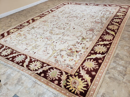 Peshawar Rug Hand Knotted Handmade Wool Oushak Style 10x15 Beige and Maroon Living Room Rug