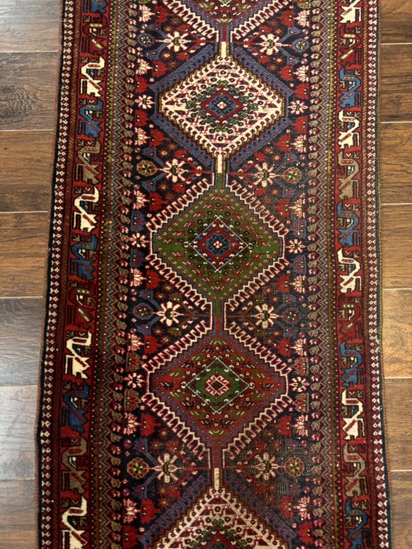 Persian Tribal Runner Rug Hand Knotted Wool Navy Blue Hallway Carpet Antique Shiraz Design