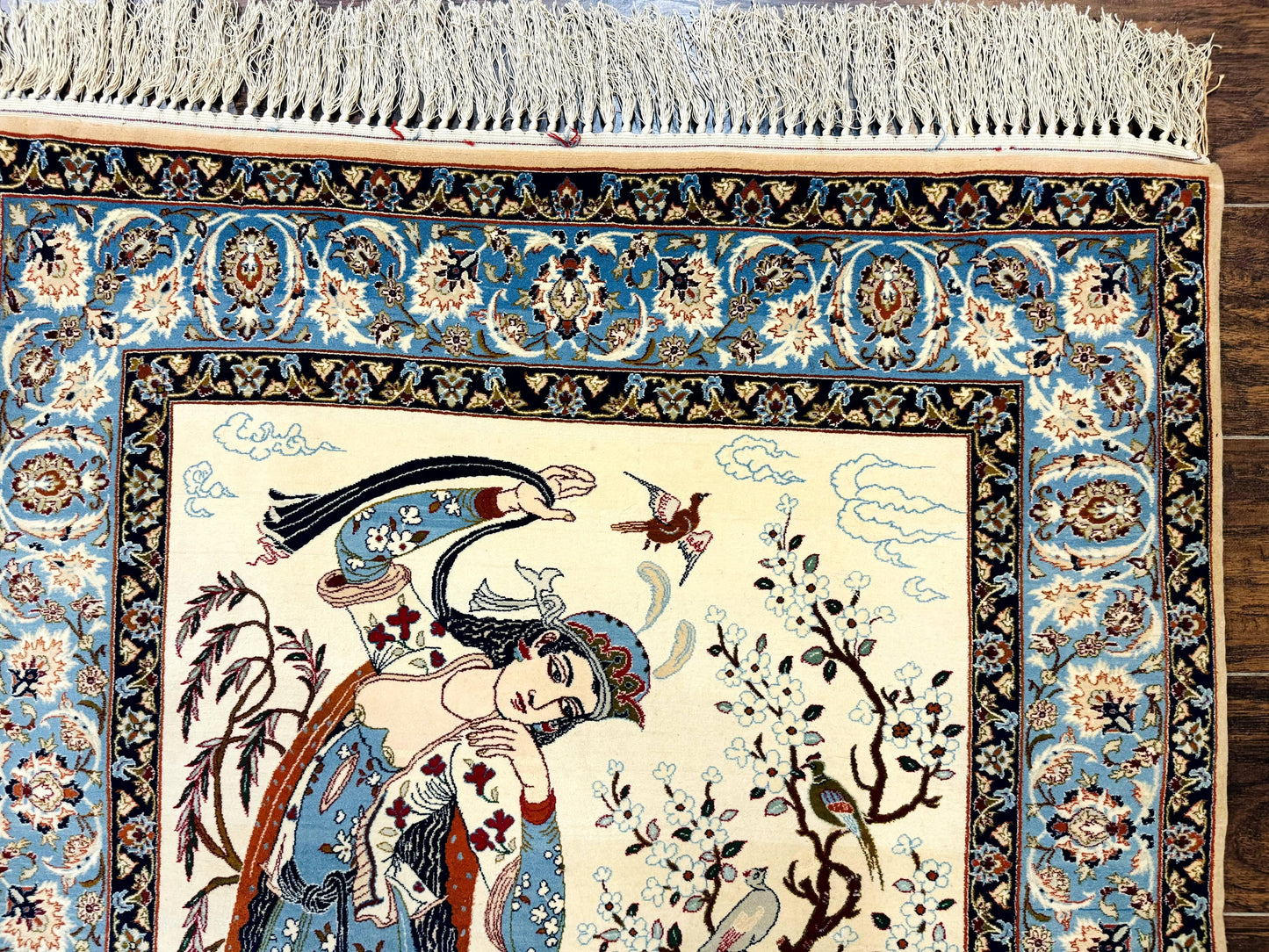 Persian Isfahan Pictorial Rug Two Lovers Kork Wool On Silk Foundation Ivory And Light Blue 500 KPSI Super Fine