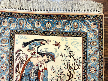 Persian Isfahan Pictorial Rug Two Lovers Kork Wool On Silk Foundation Ivory And Light Blue 500 KPSI Super Fine