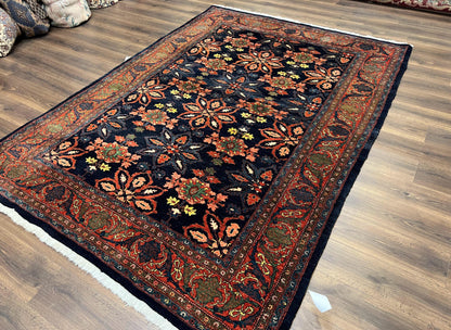 Hand Knotted Persian Bidjar Rug 7x10 Wool Navy Blue Red Floral Pattern
