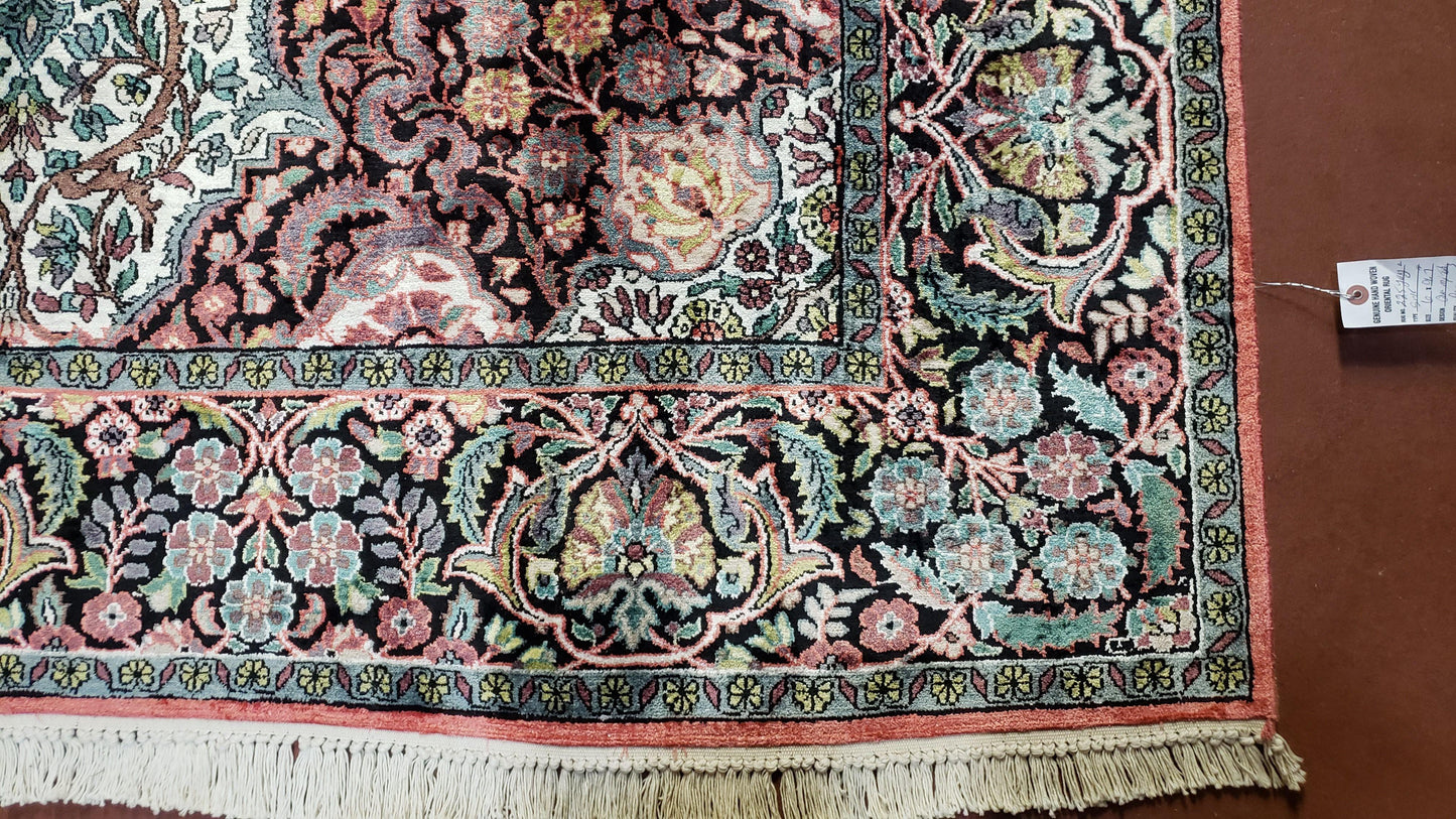 Indian Kashmiri Silk Rug 6x10 Ivory Floral Medallion Hand Knotted