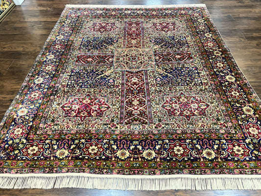 Persian Kirman Lavar Rug 8x9 Handmade Wool Carpet With Antique Floral Garden Panel Design
