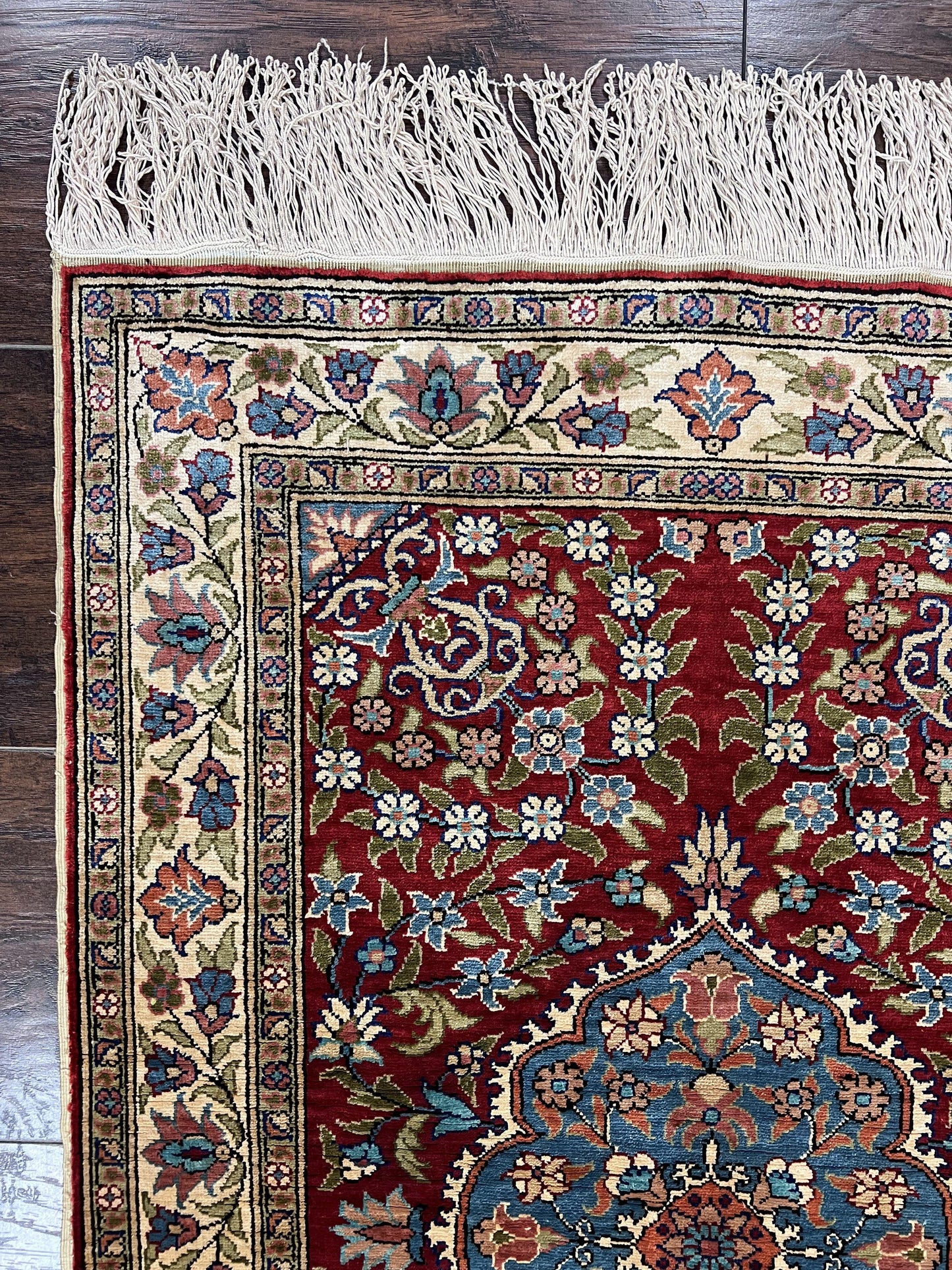 Silk Turkish Kayseri Rug 2x3 Hand Knotted Vintage Red Blue Carpet