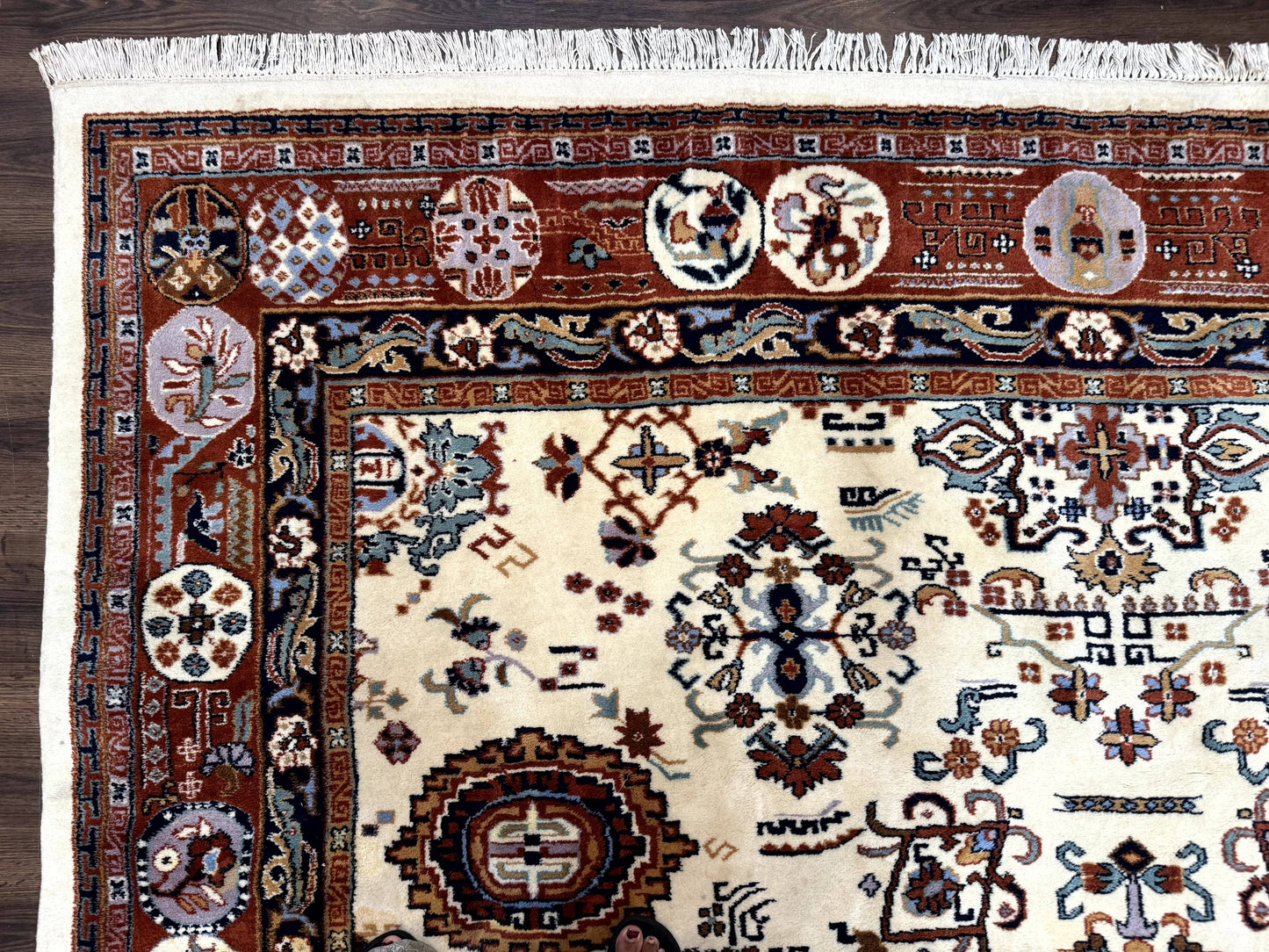 Indo Chinese Wool Rug 9x12 Ivory And Rust Red Dragon Motifs Hand Knotted