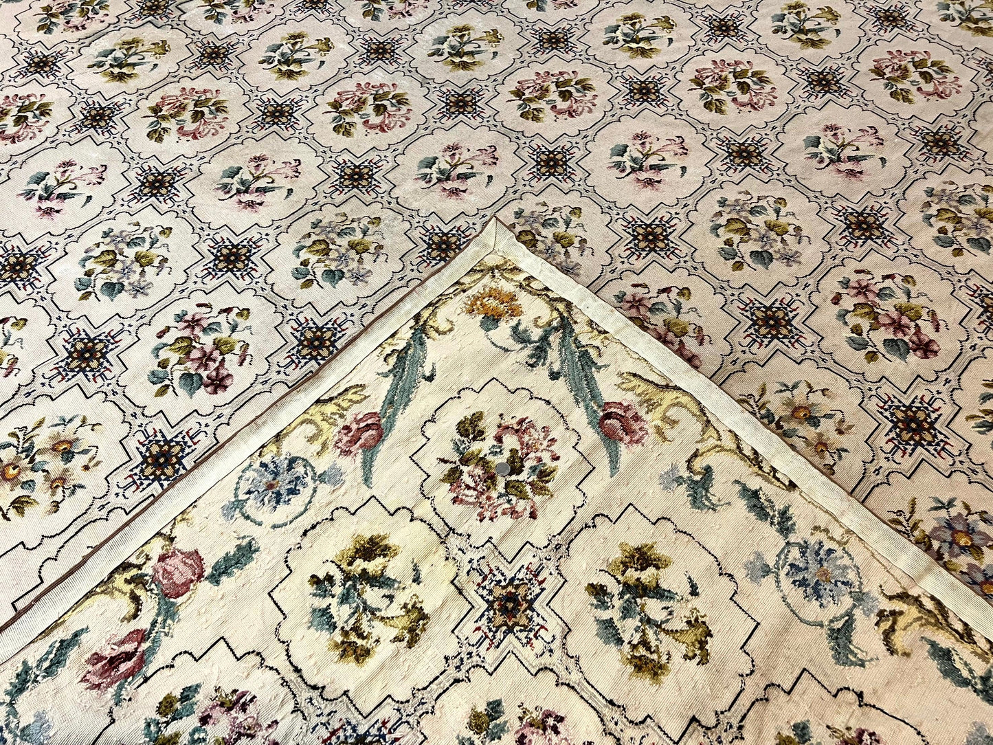 Needlepoint Rug 10x14 Wool Handmade Vintage Floral Panel Ivory Cream