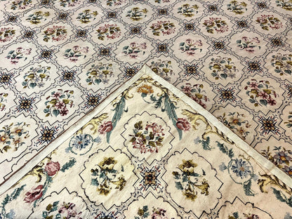 Needlepoint Rug 10x14 Wool Handmade Vintage Floral Panel Ivory Cream