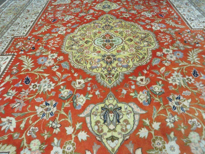 Vintage Persian Tabriz Rug 9x12 Hand Knotted Wool Floral Medallion